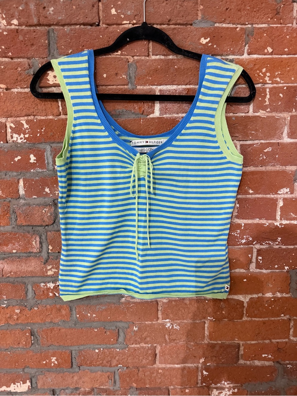 Tommy Hilfiger Blue & Lime Striped Tie-Front Tank